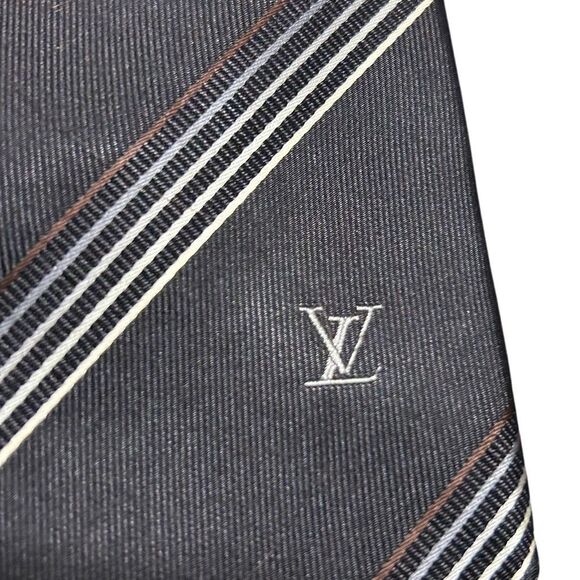 Louis Vuitton Navy Blue Striped Designer Neck Tie 100% Silk Embroidered Logo - Picture 12 of 14